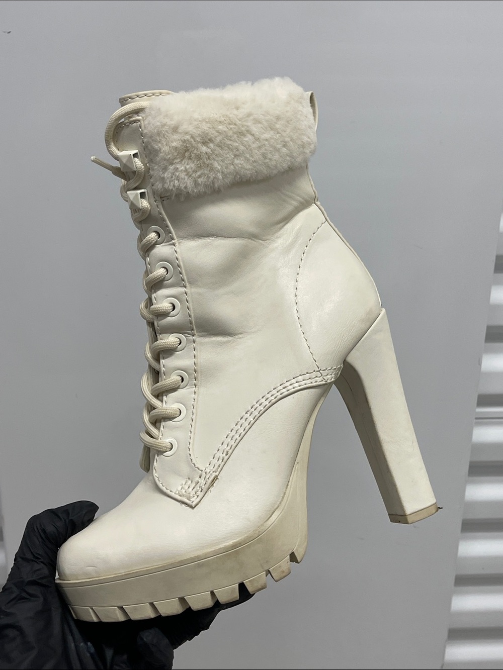 Guess Women's Ivory Lace Up Fur Trim High Heel Combat Ankle Boots